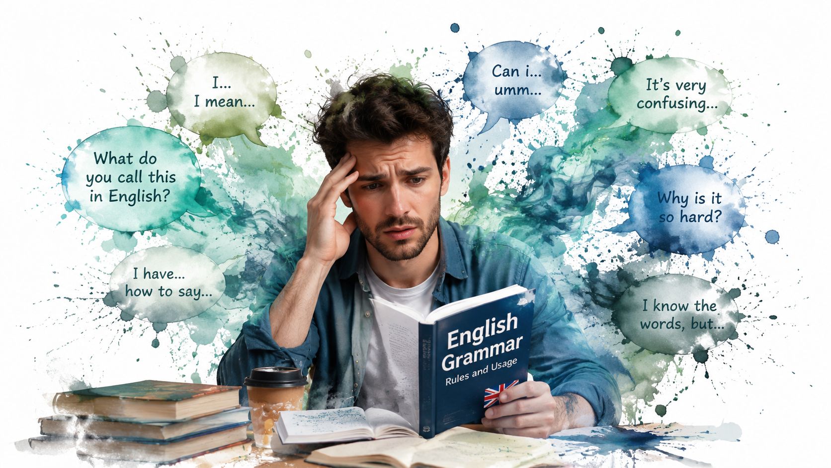 A frustrated man reading an English grammar book while struggling with language learning and speaking difficulties.