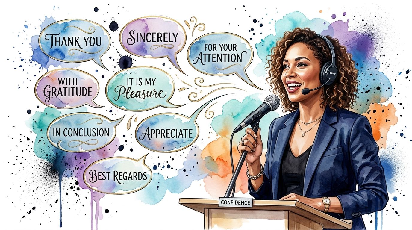 A professional woman speaking at a podium with watercolor speech bubbles containing formal closing expressions.