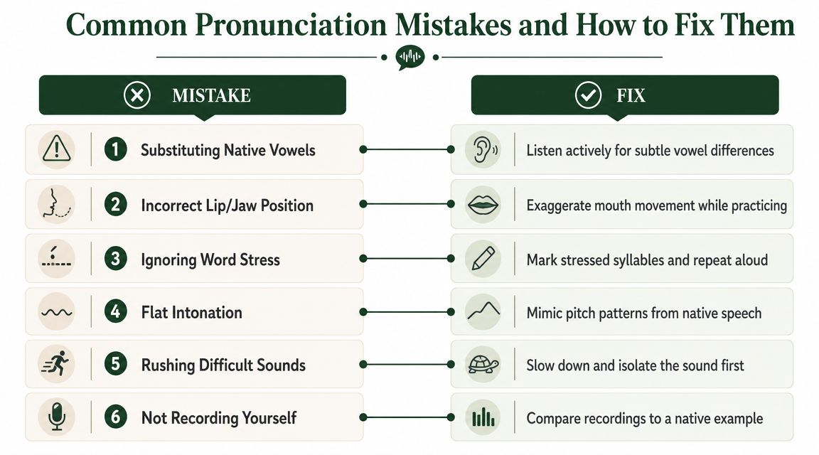 A chart illustrating six common pronunciation mistakes and corresponding practical solutions for language learners.