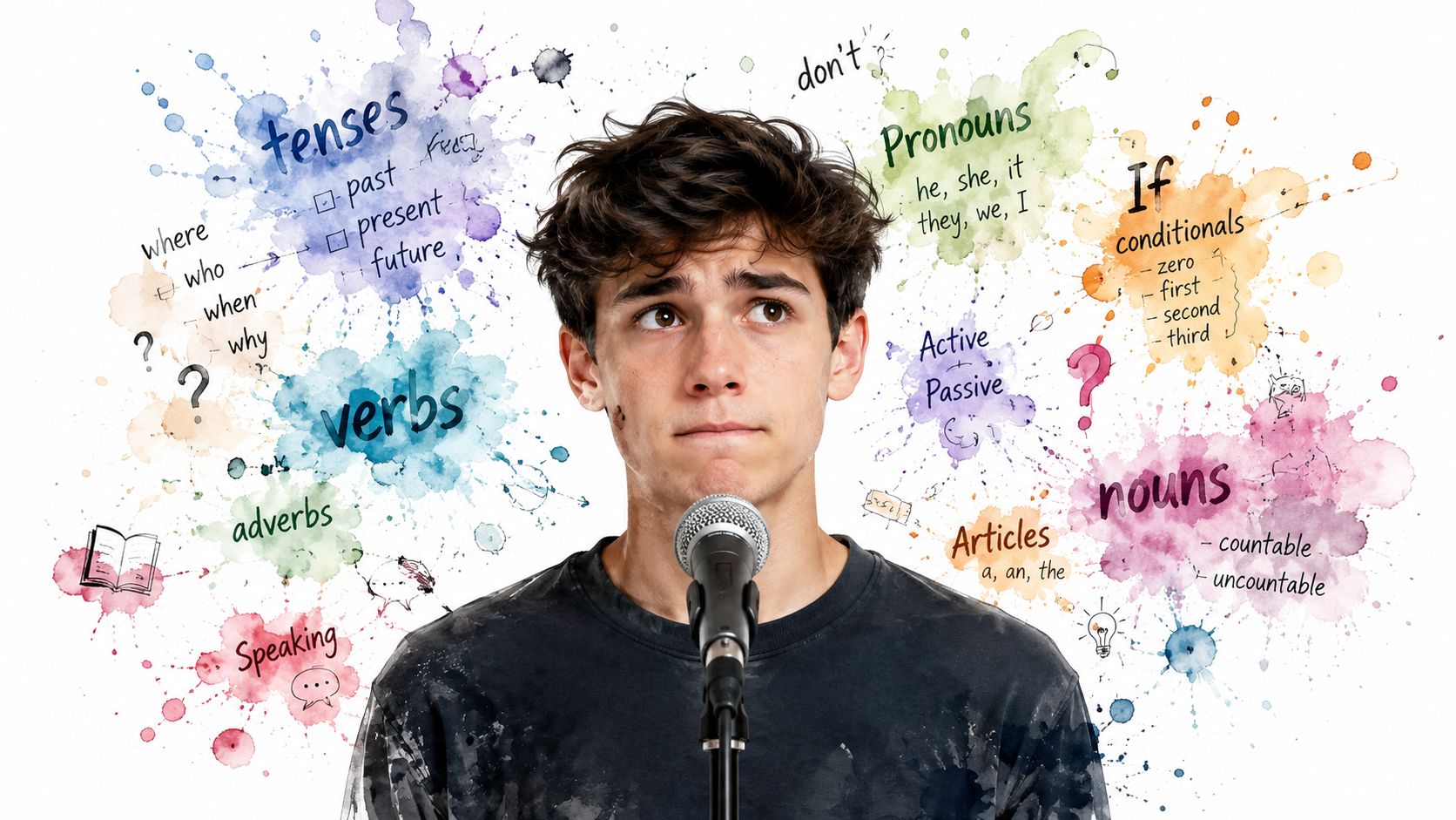 A young man standing at a microphone looking confused by various English grammar concepts surrounding him.