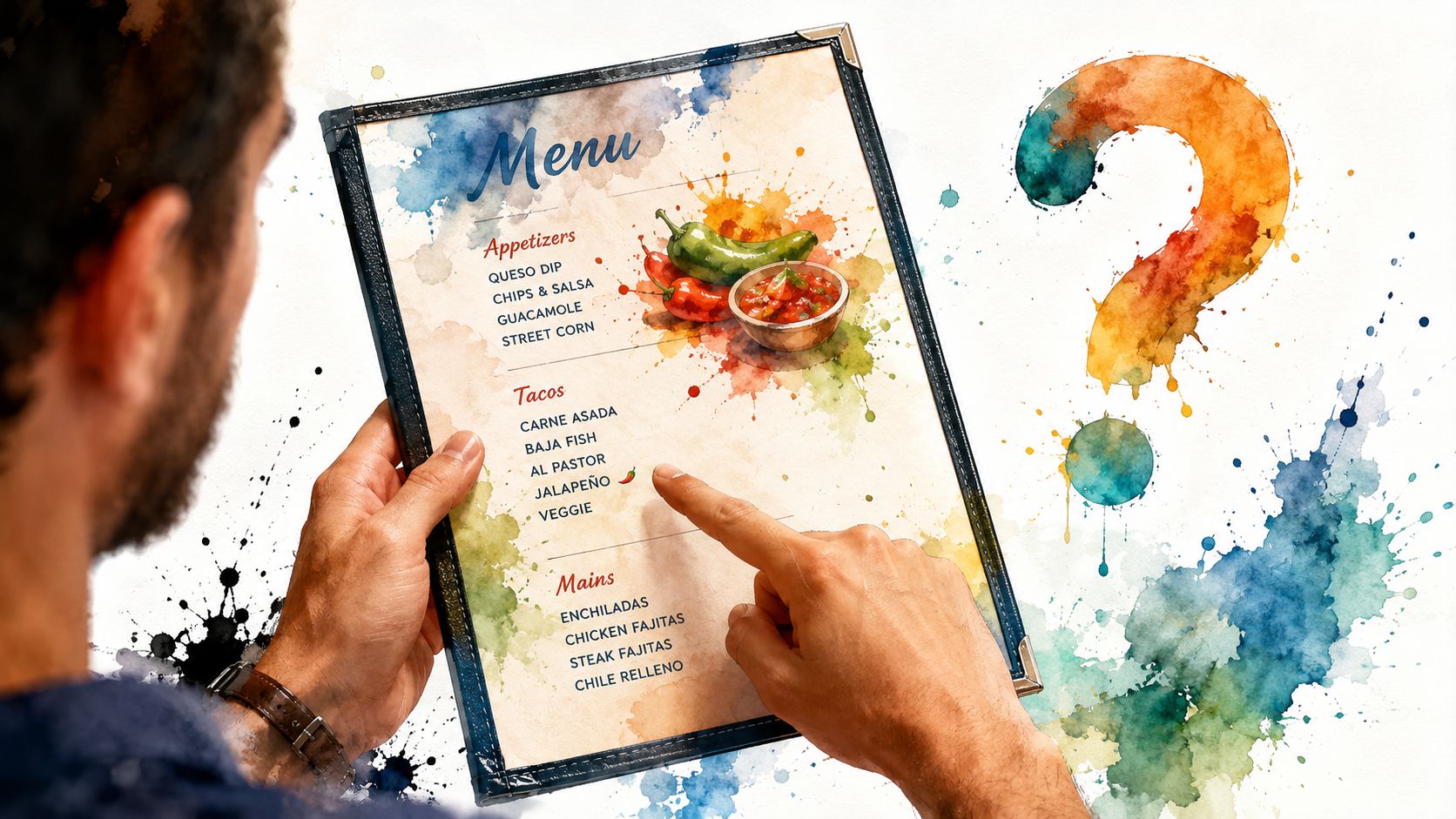 A person pointing to the word jalapeño on a restaurant menu while pondering their meal selection.