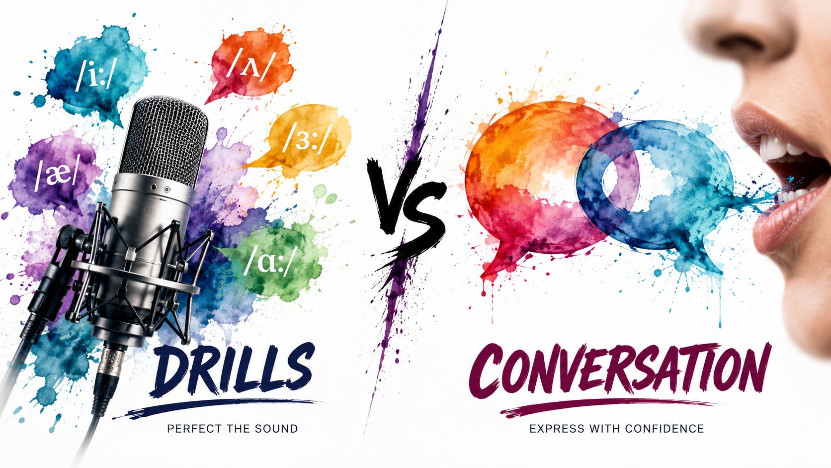 A split composition comparing speech drills for pronunciation with natural conversation for confident communication.