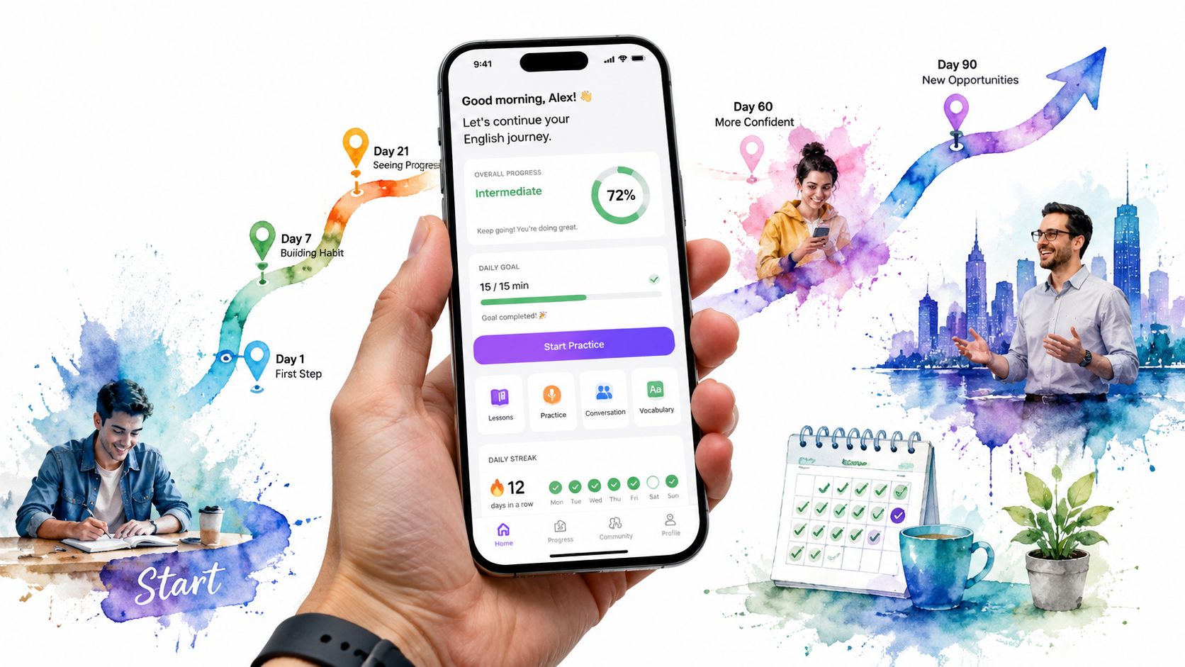 A person holding a smartphone showing an English language learning app with daily progress and goals.