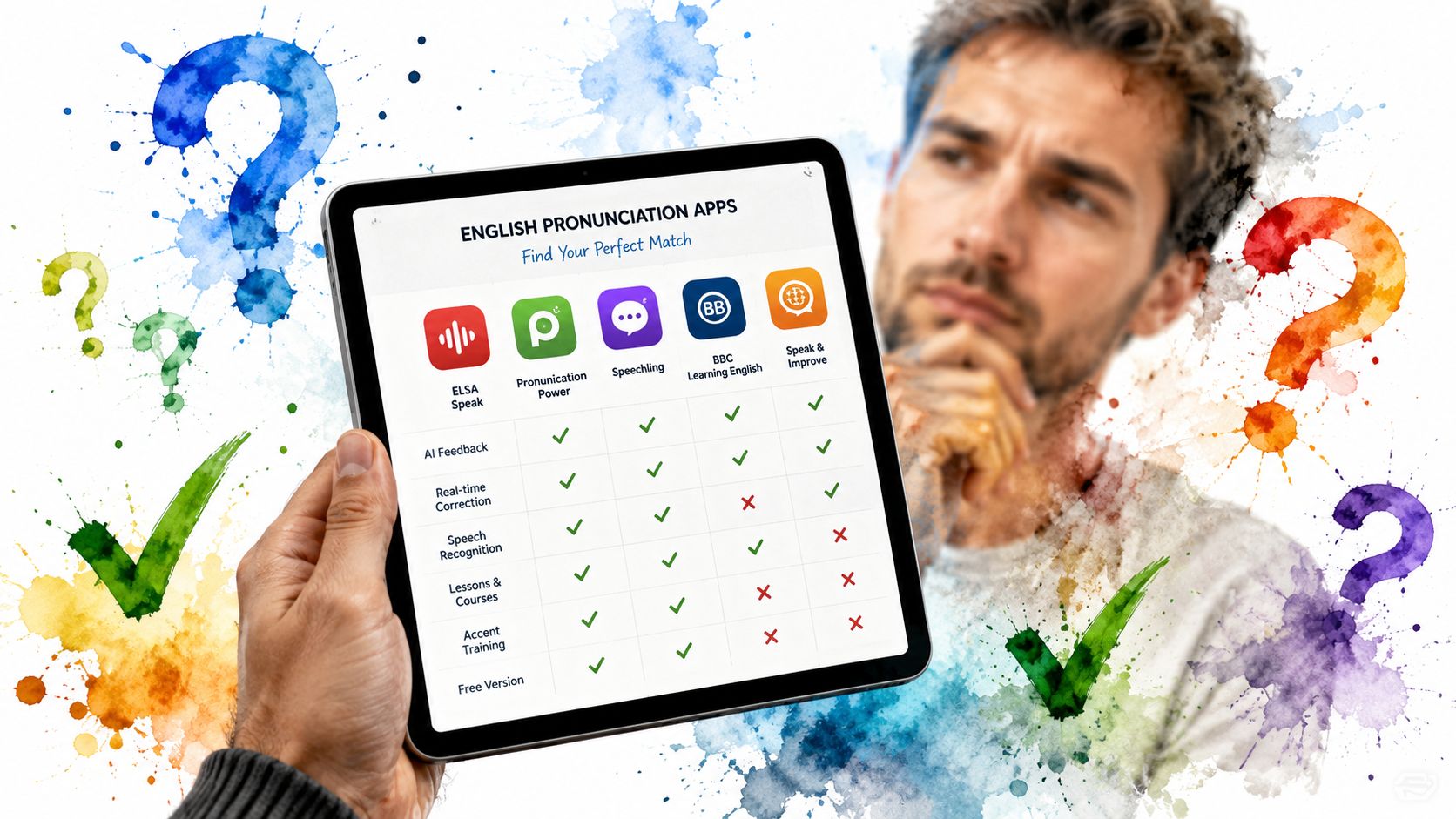 A tablet displays a comparison chart of English pronunciation apps while a man ponders his decision.
