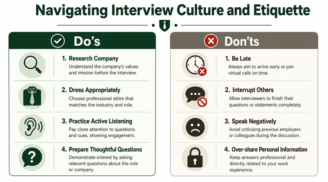 A professional infographic titled Navigating Interview Culture and Etiquette listing key do's and don'ts for job interviews.