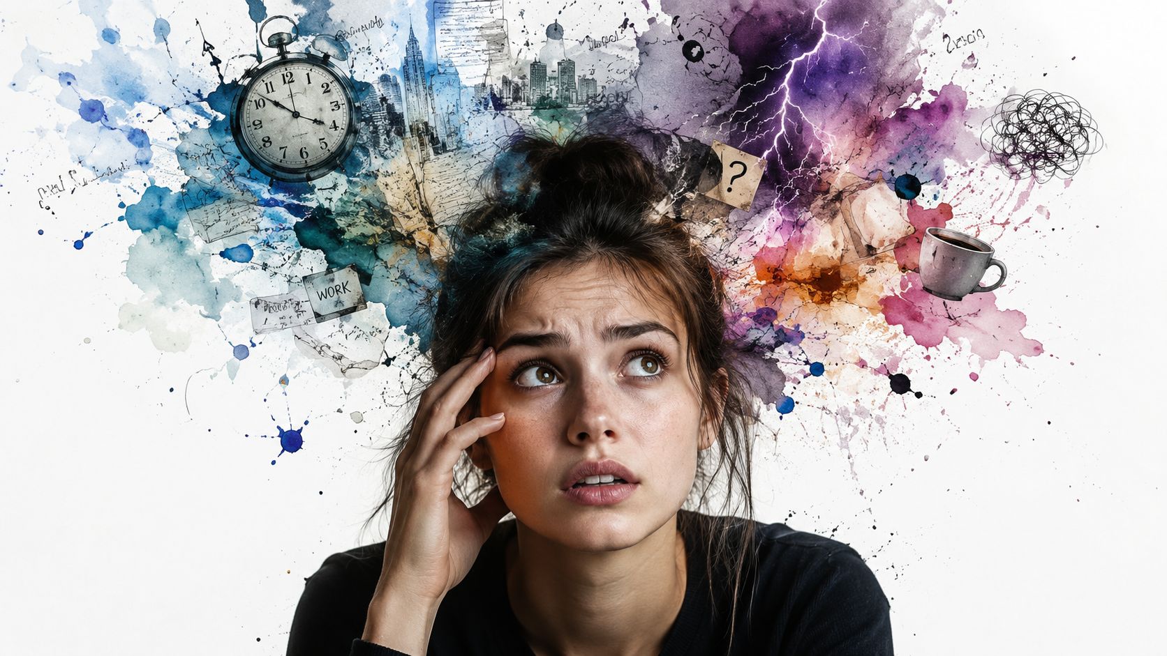 A woman looks stressed with abstract watercolors of a clock, city, lightning, and coffee surrounding her head.