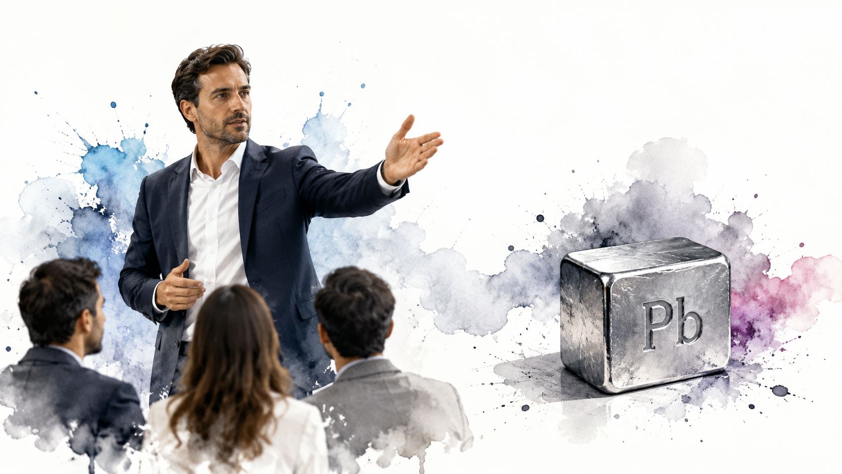 A professional presenter points toward a metallic cube labeled with the chemical symbol Pb during a business presentation.