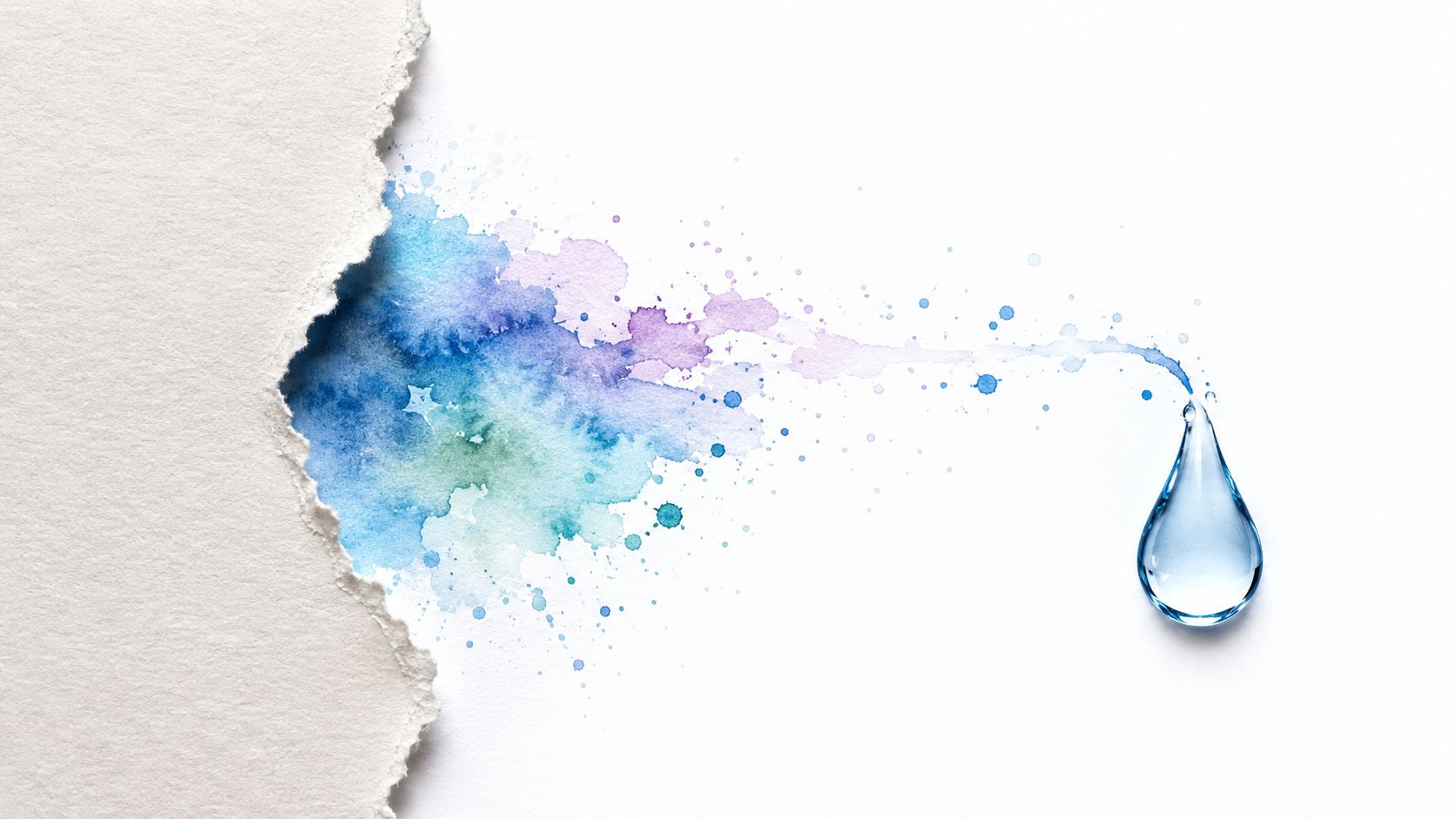 A single clear water droplet emerging from a colorful watercolor splash behind a torn paper edge.