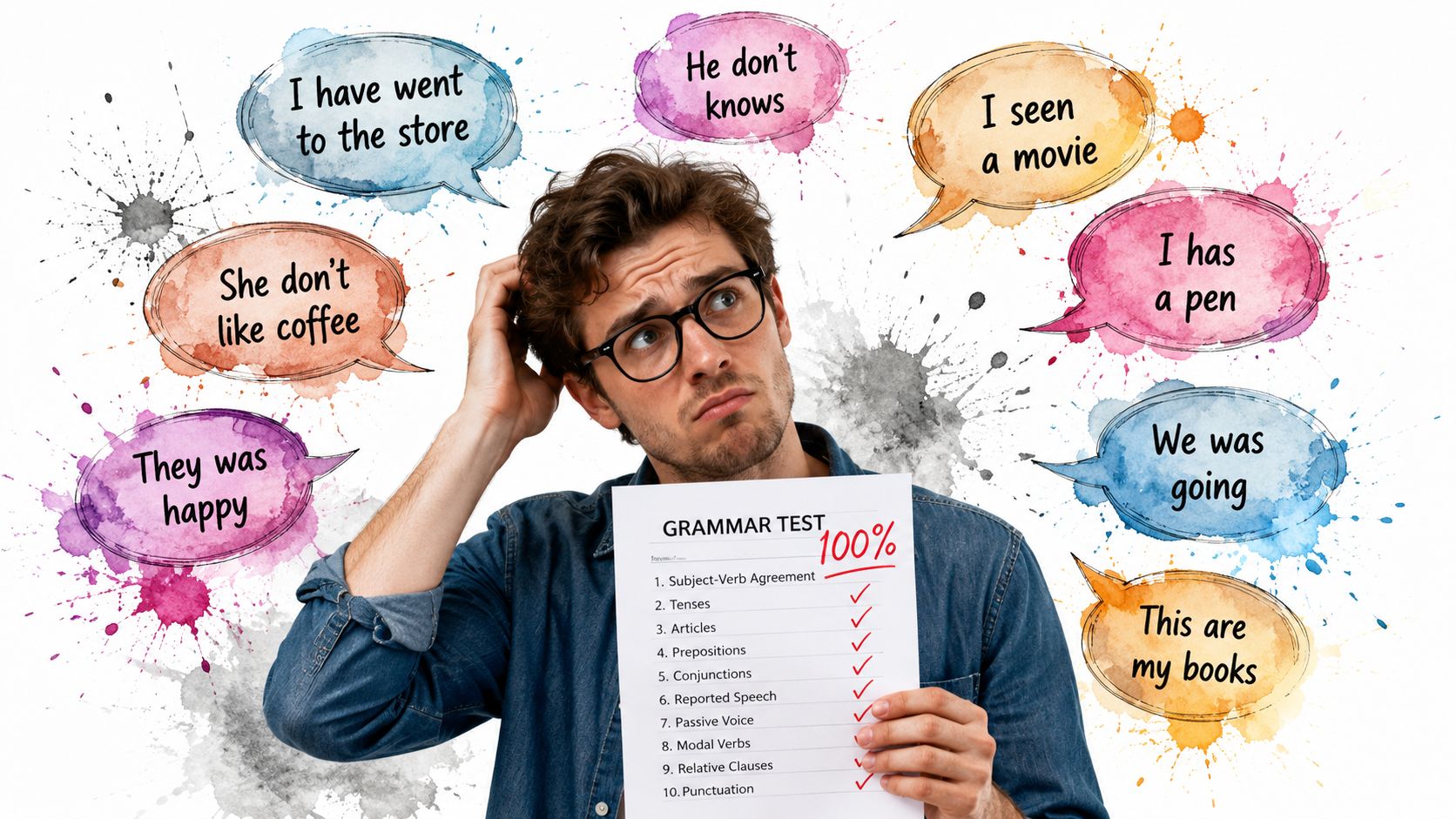 A confused man holding a grammar test paper with many incorrect English phrases in speech bubbles.