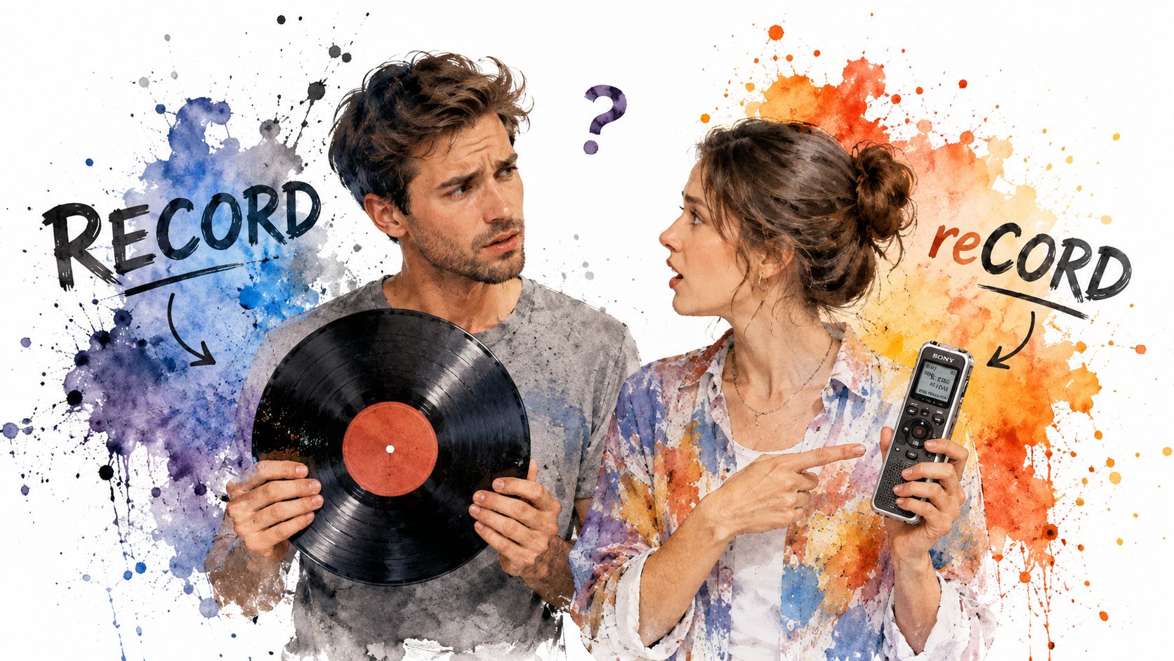 A man and woman confused by the different pronunciations of the word record shown on screen.