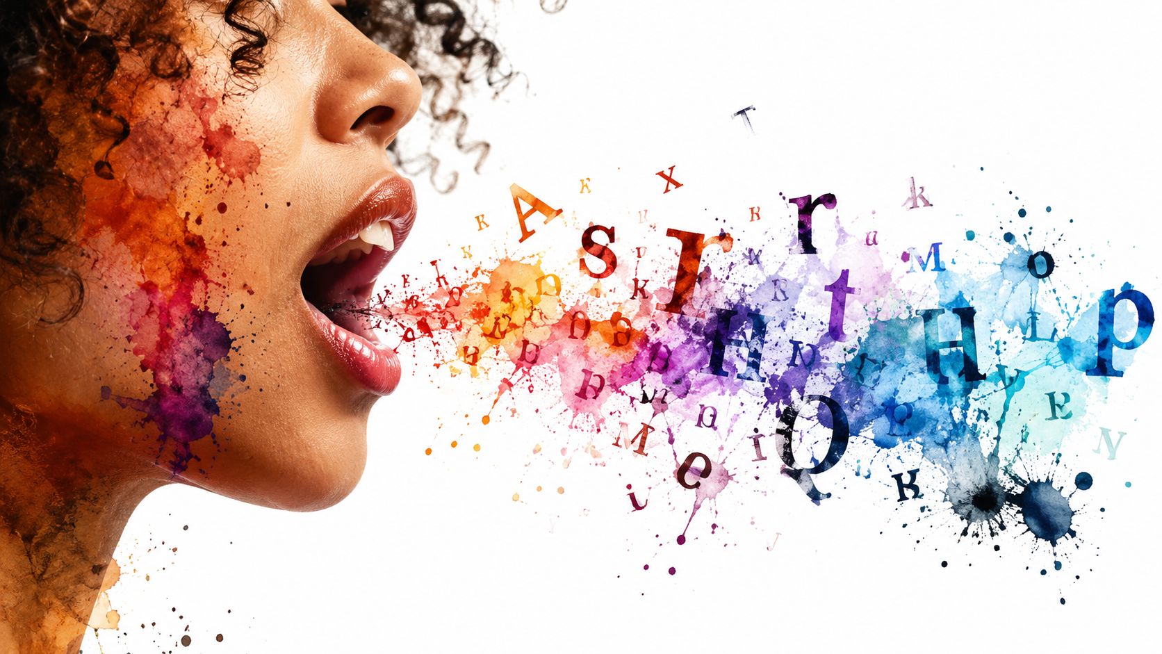 A close-up profile of a woman speaking with colorful letters and watercolor splashes emerging from her mouth.
