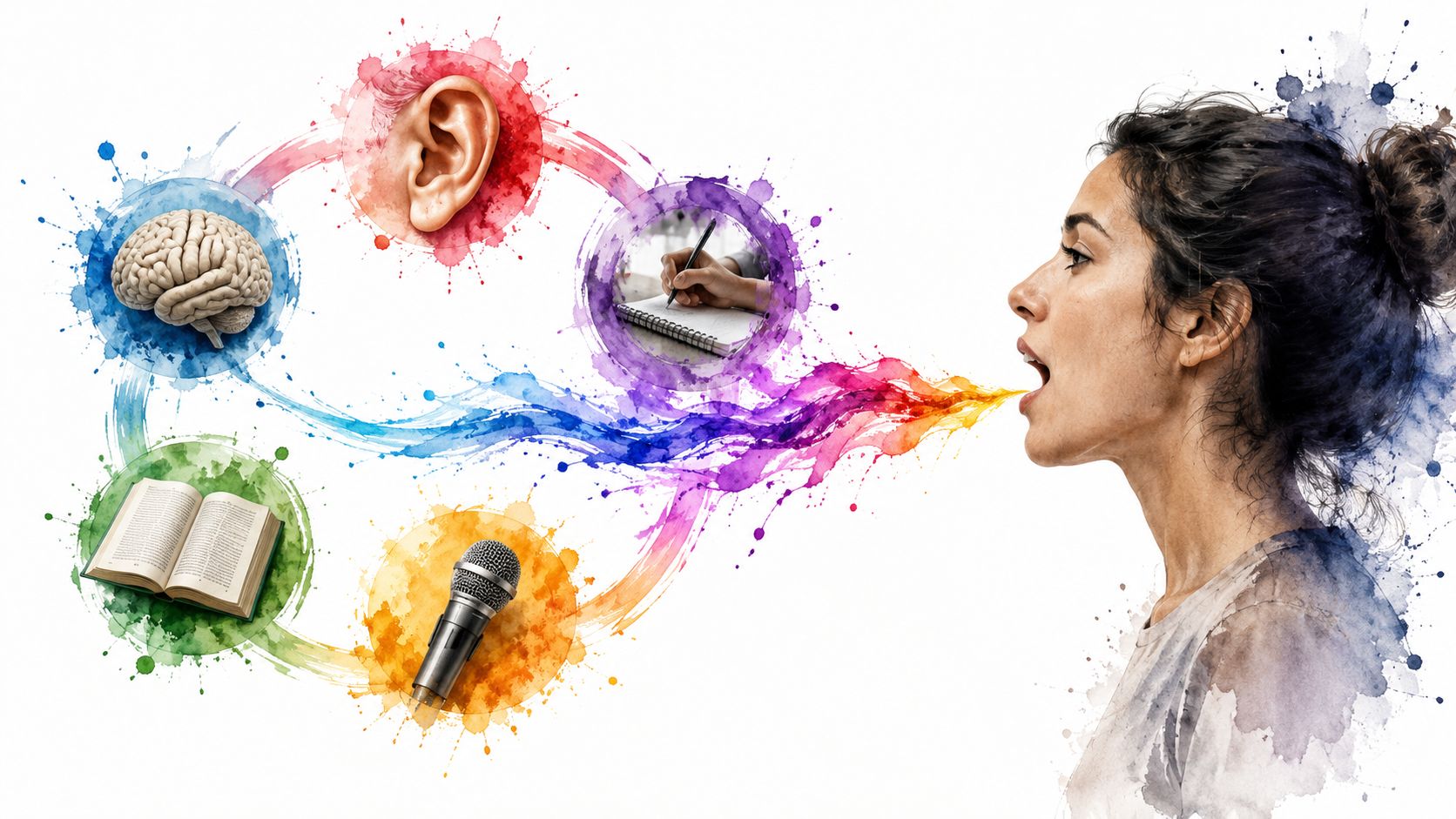 An artistic illustration depicting the four language skills of listening, reading, writing, and speaking for English fluency.