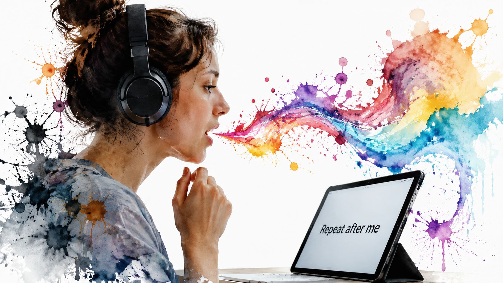A woman wearing headphones speaking into a tablet with the text Repeat after me on the screen.