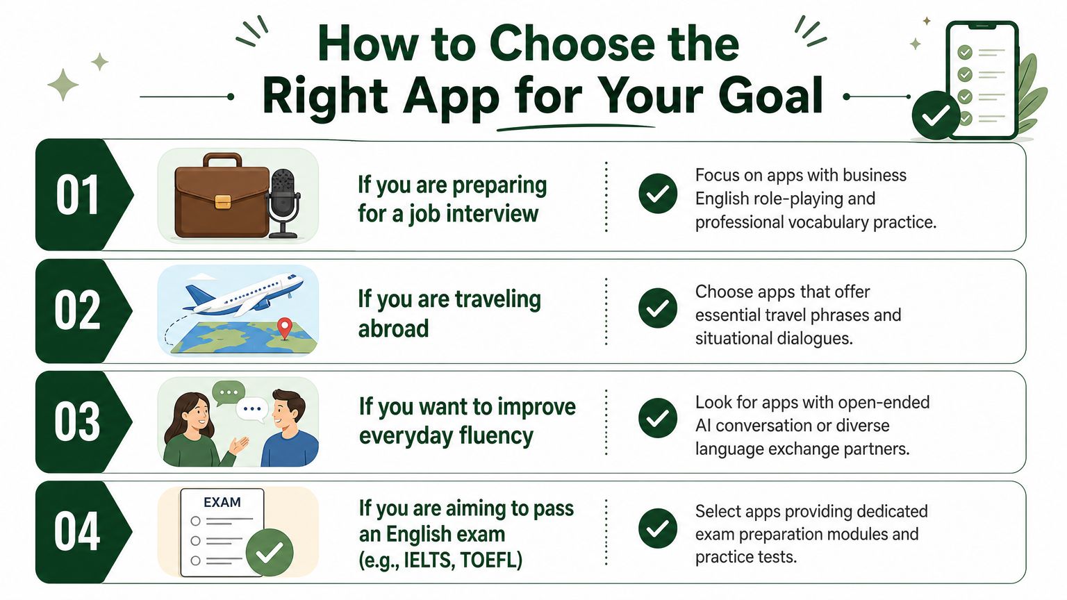 An infographic titled How to Choose the Right App for Your Goal, listing four distinct language learning purposes.