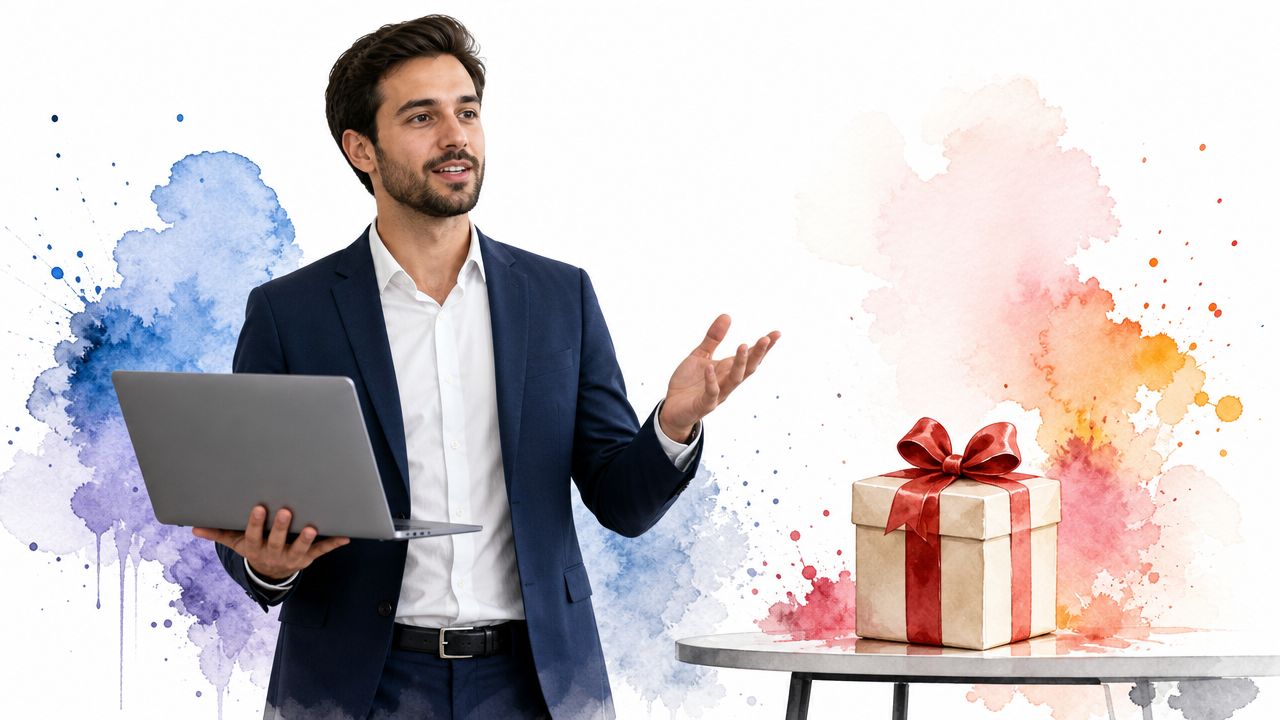 A professional man in a business suit holding a laptop next to a wrapped gift on a table.