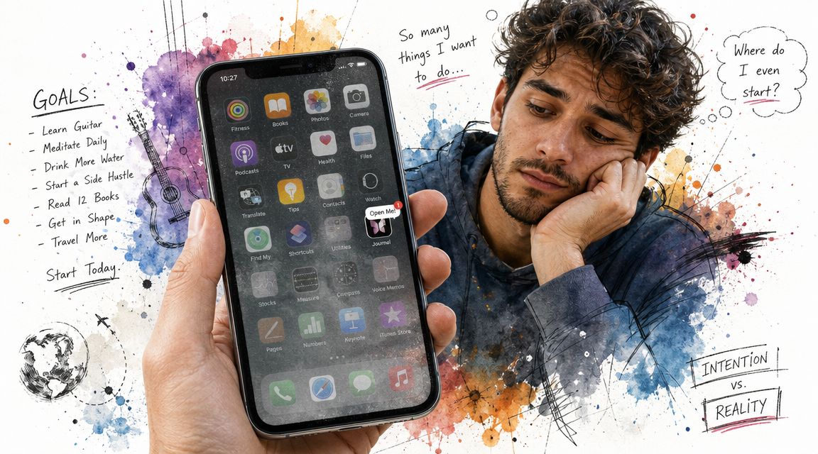 A person feeling overwhelmed by a long list of goals while holding a smartphone with apps.