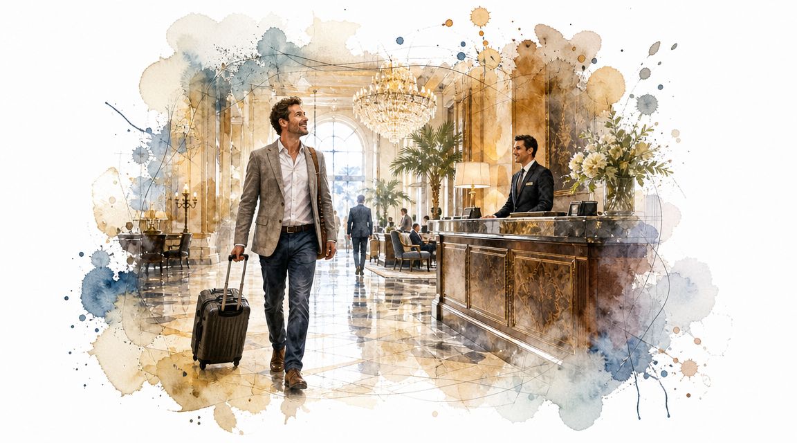 A stylish businessman pulling a suitcase walks through an elegant, high-end hotel lobby towards the reception desk.