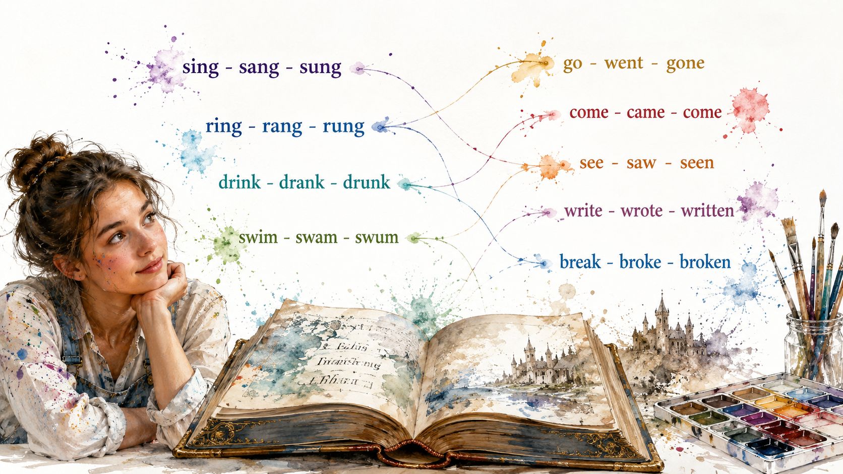 A woman looks at a book with irregular verb conjugations displayed as artistic watercolor ink blots.