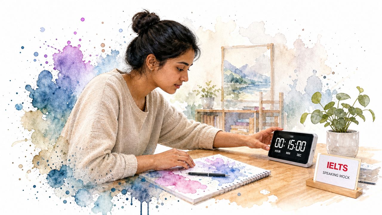 A young woman sits at a wooden desk with a digital timer while preparing for an exam.