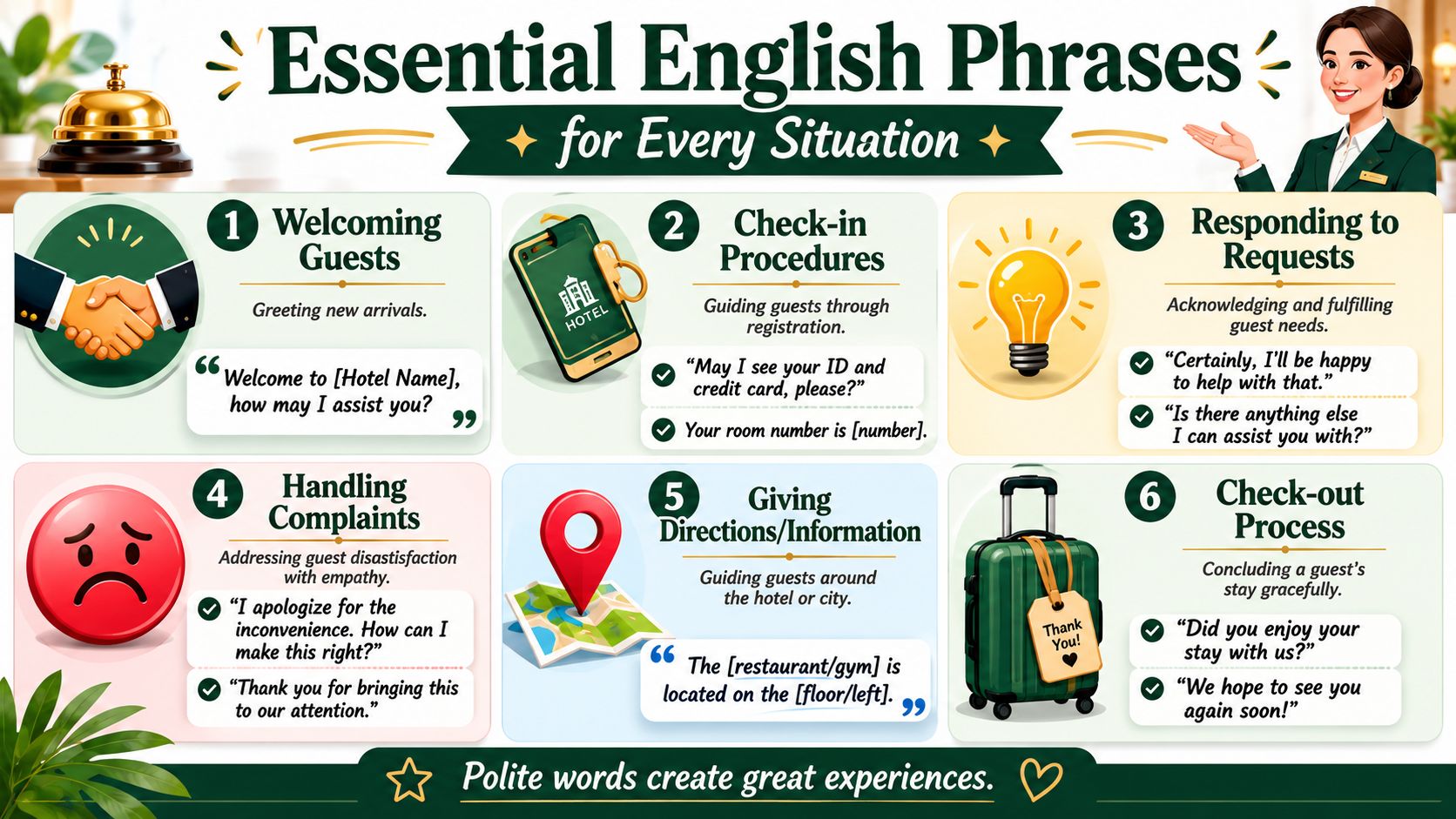 A helpful infographic featuring essential English phrases and tips for providing excellent hotel customer service.