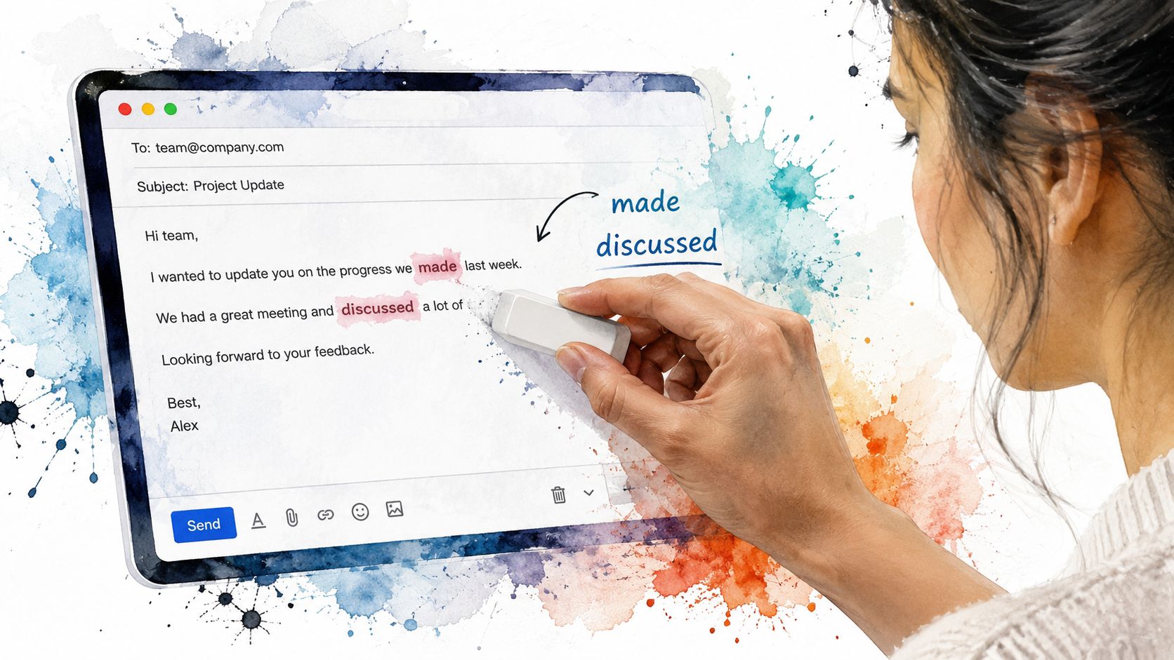 A person using an eraser to remove text from a professional email displayed on a tablet.