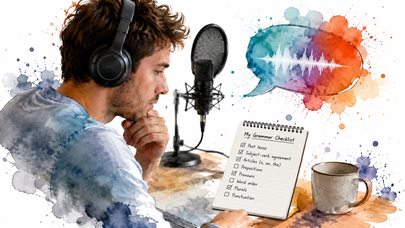 A man wearing headphones reads a grammar checklist while recording a podcast in a creative studio.
