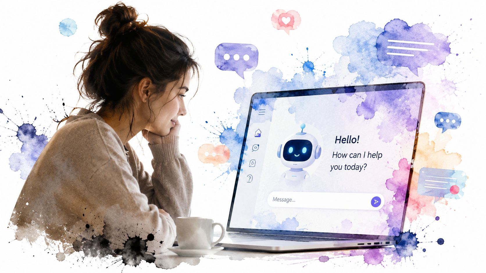 A woman looks at a laptop screen showing an AI chatbot interface with a welcoming greeting message.