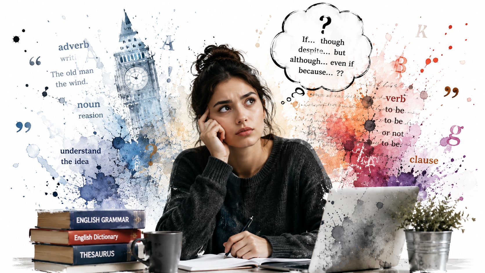 A thoughtful young woman sitting at a desk studying English grammar with books and a laptop.