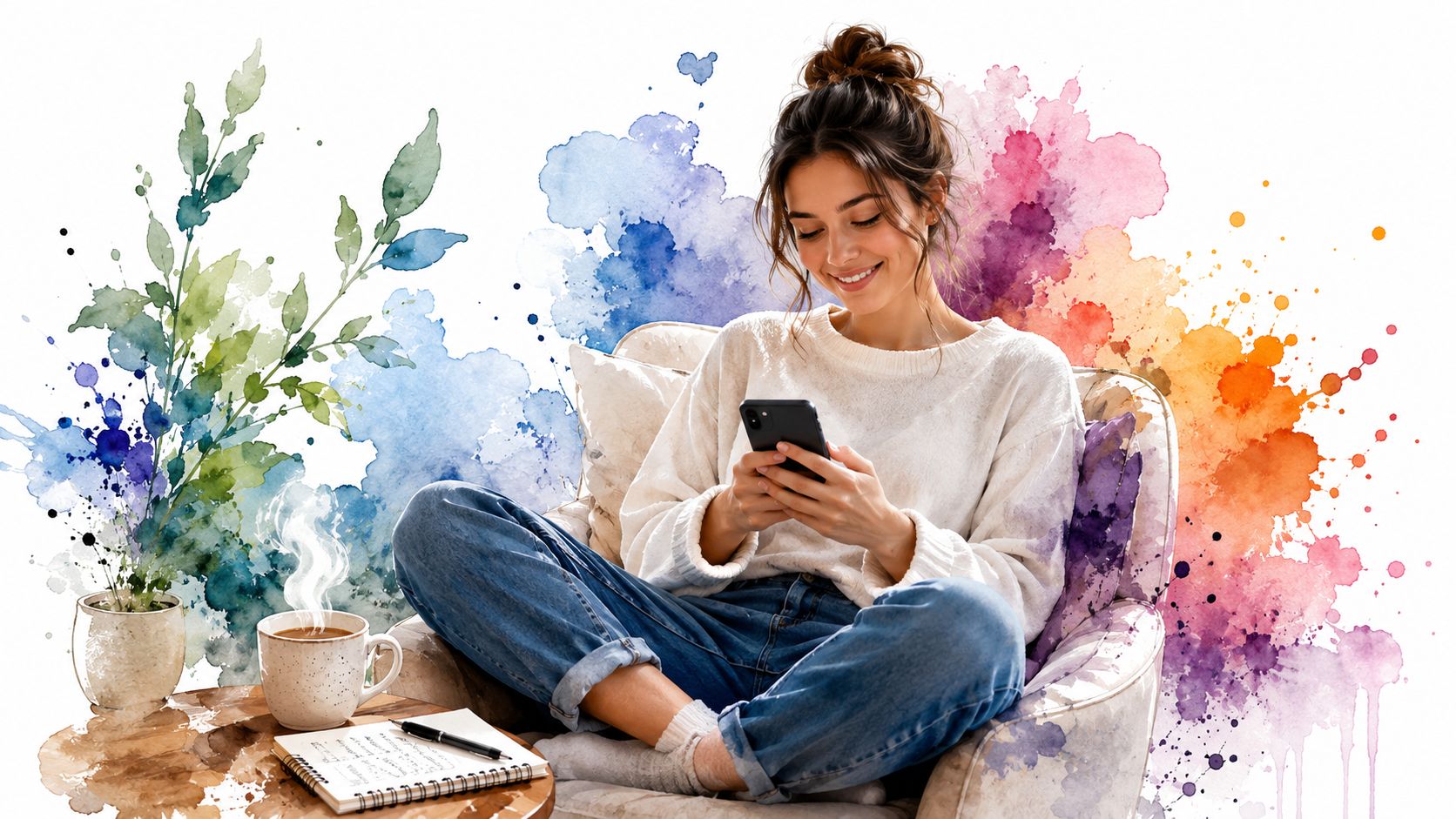 A young woman smiling while sitting in an armchair using a smartphone with watercolor artistic background elements.