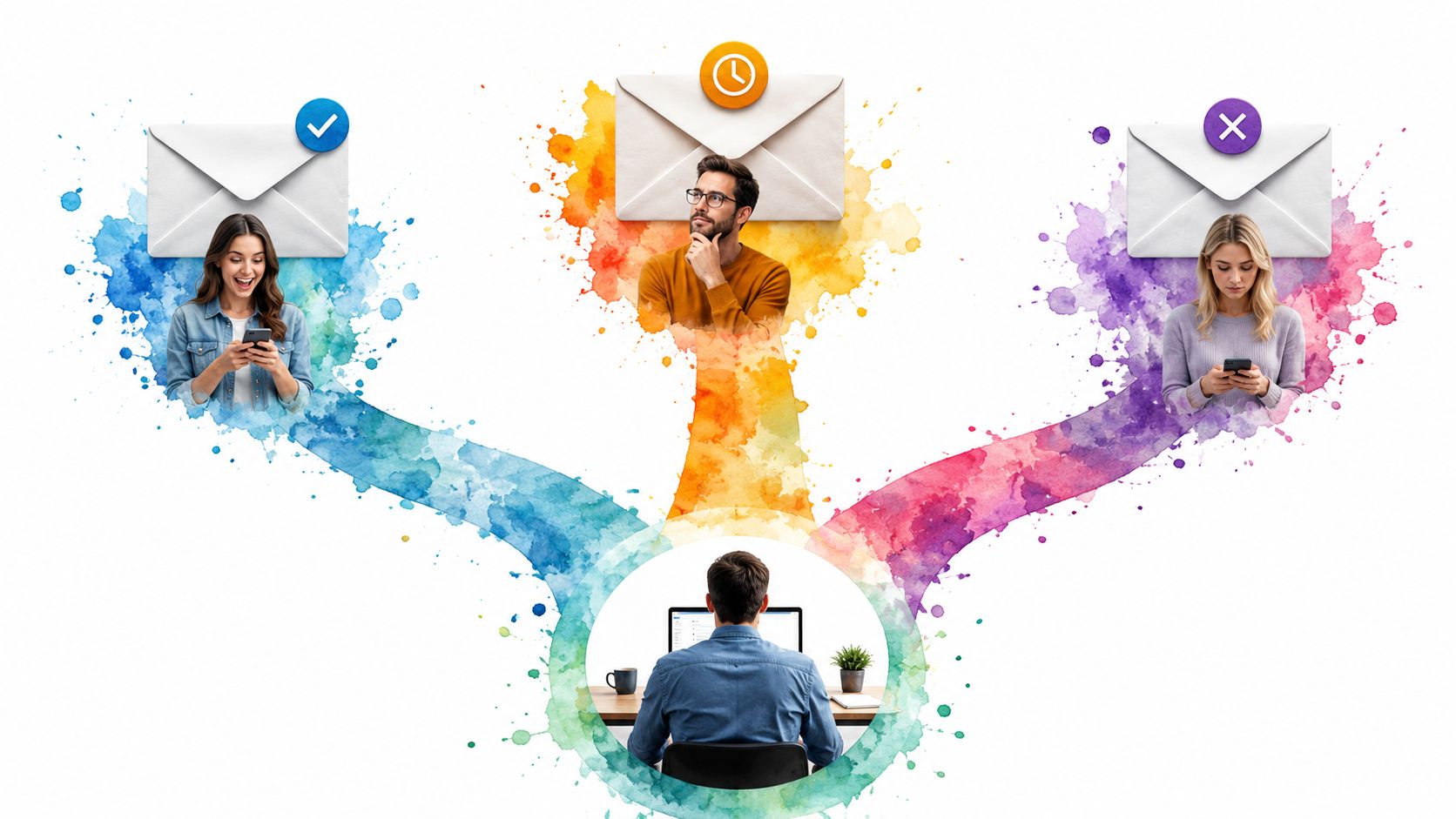 A central worker managing different communication outcomes with three distinct people represented by email icons above them.