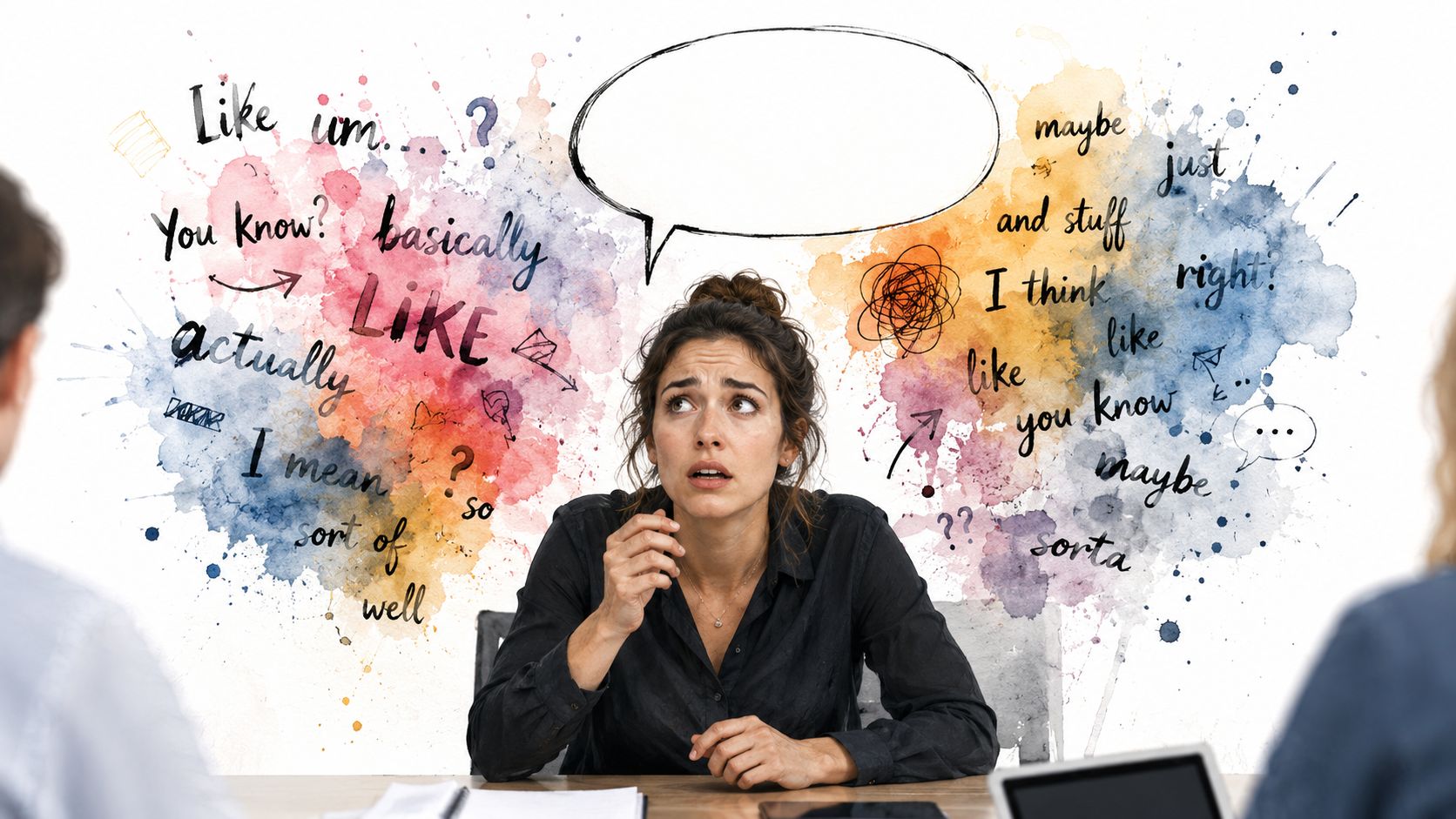 A confused woman in a meeting surrounded by messy thoughts and filler words in a conceptual illustration.