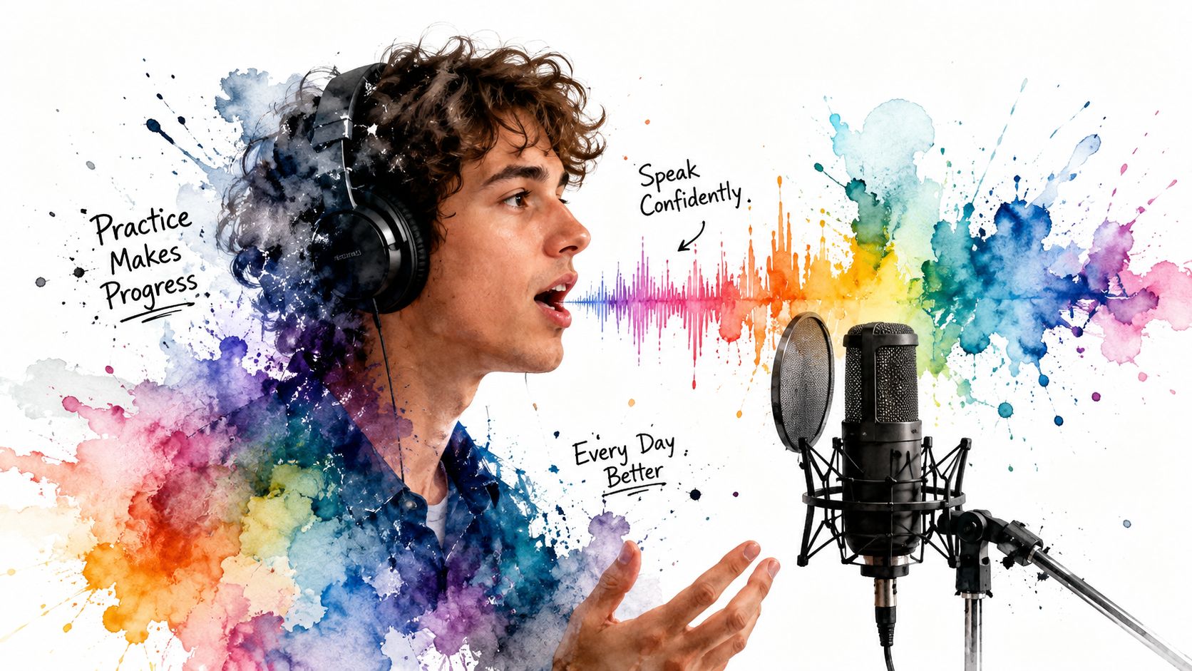 A young man with curly hair wearing headphones, speaking into a professional microphone with colorful watercolor illustrations.