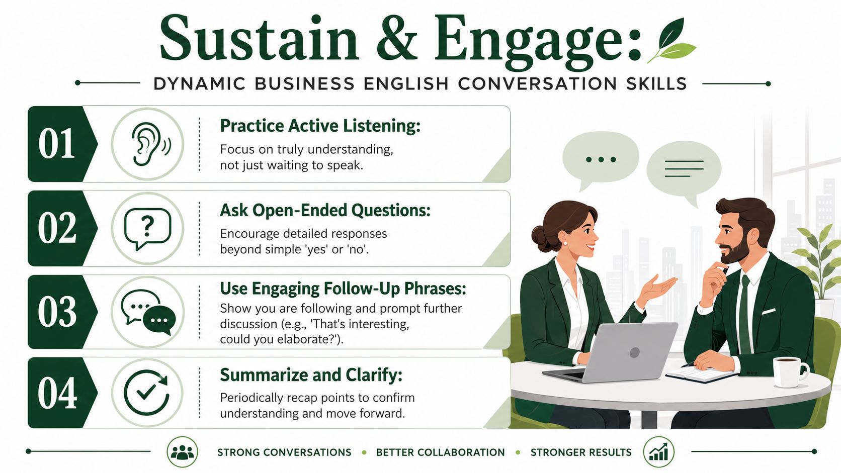 An infographic showing four steps for sustaining and engaging in dynamic business English conversations with coworkers.