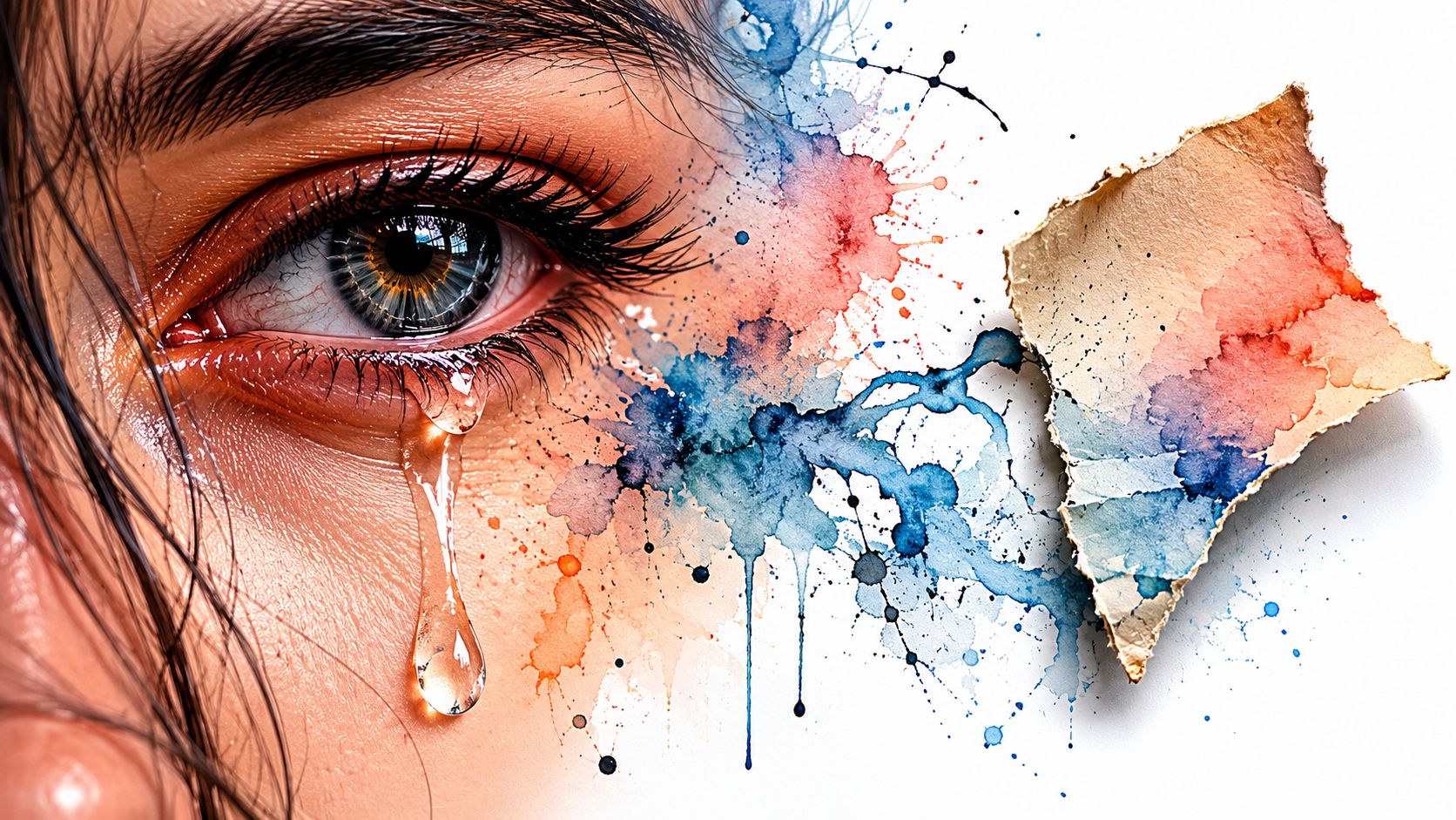 A close-up of a human eye with a tear, surrounded by abstract blue and red watercolor splashes.