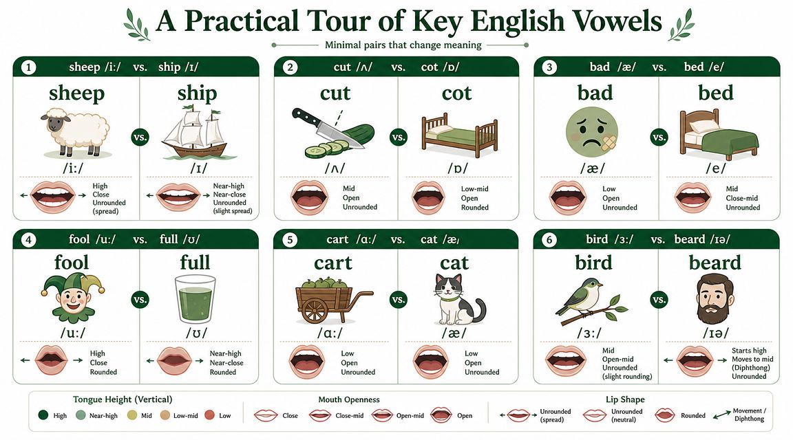 An educational infographic illustrating six pairs of English minimal pairs with phonetic symbols and mouth positions.