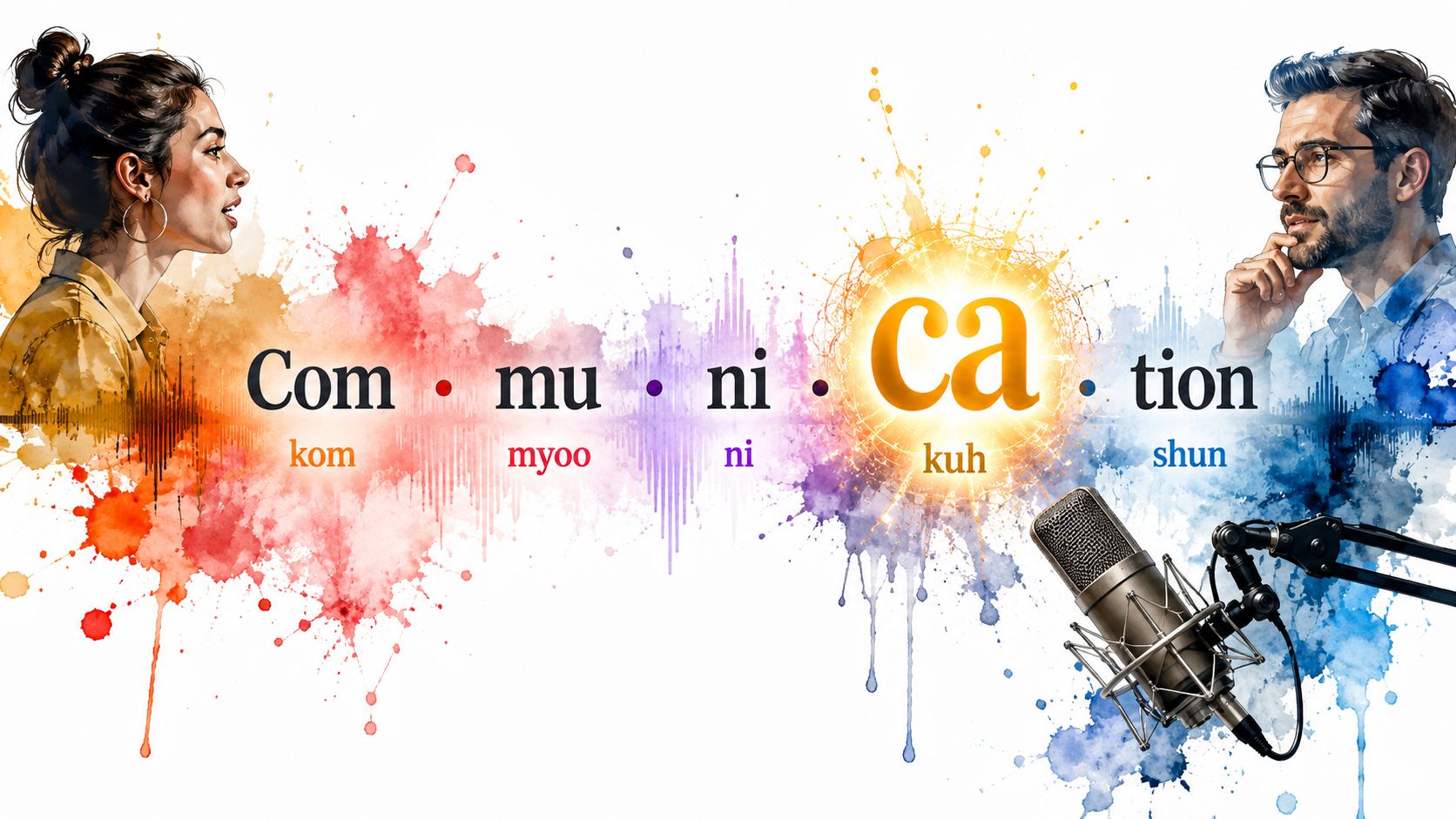A creative illustration demonstrating English syllable stress for the word communication with phonetics and vibrant watercolor splashes.