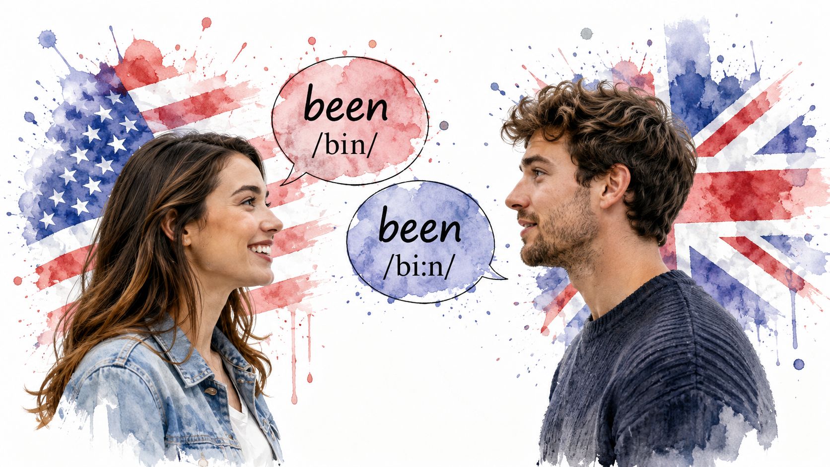 A woman and man facing each other with American and British flag speech bubbles illustrating different pronunciations of been.