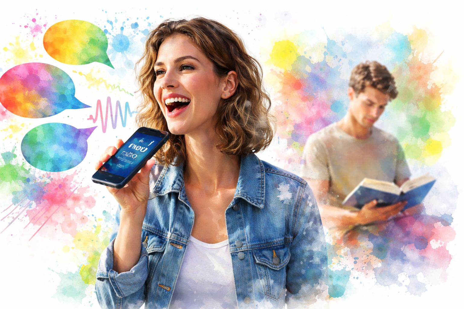 A happy woman holding a smartphone and practicing speaking with language learning apps amidst artistic colorful splashes.