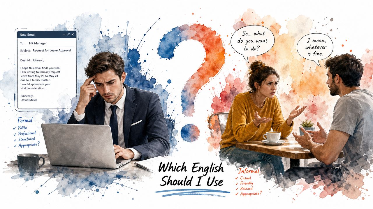 An illustration comparing formal business email communication with casual personal conversation, highlighting language tone differences.