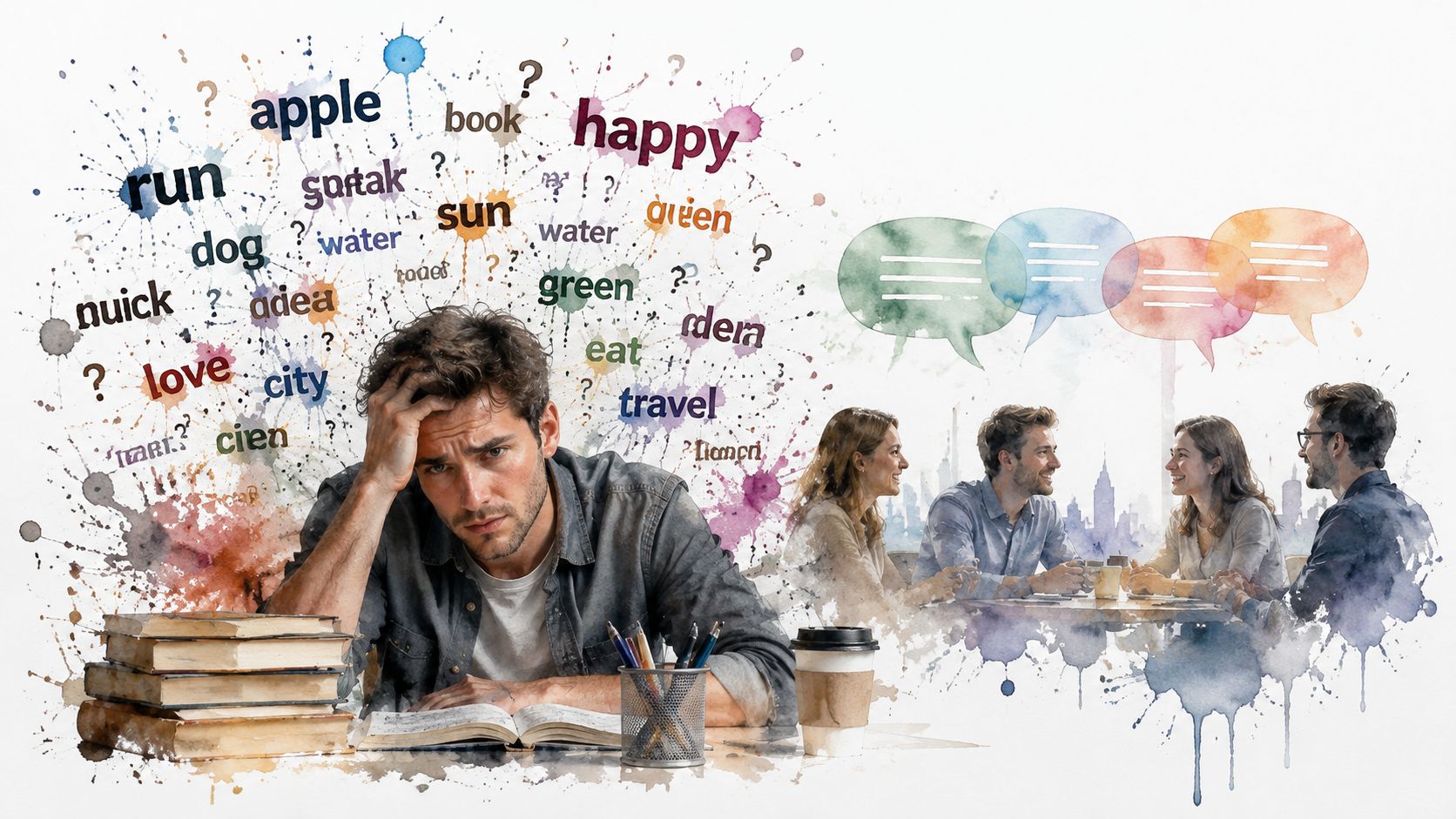 A distressed man studying with scattered vocabulary words while imagining a group of people conversing nearby.