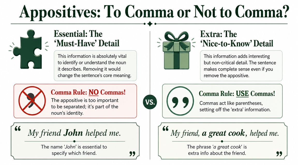An educational graphic explaining the grammar rules for using commas with essential and extra appositive phrases.