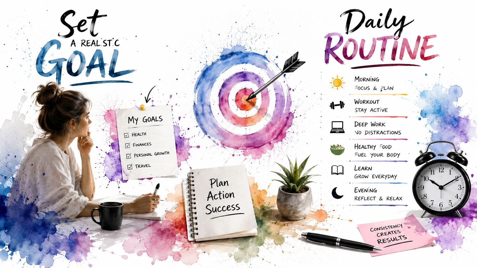A woman planning her goals and daily routine at a desk with watercolor illustrations and motivational text.
