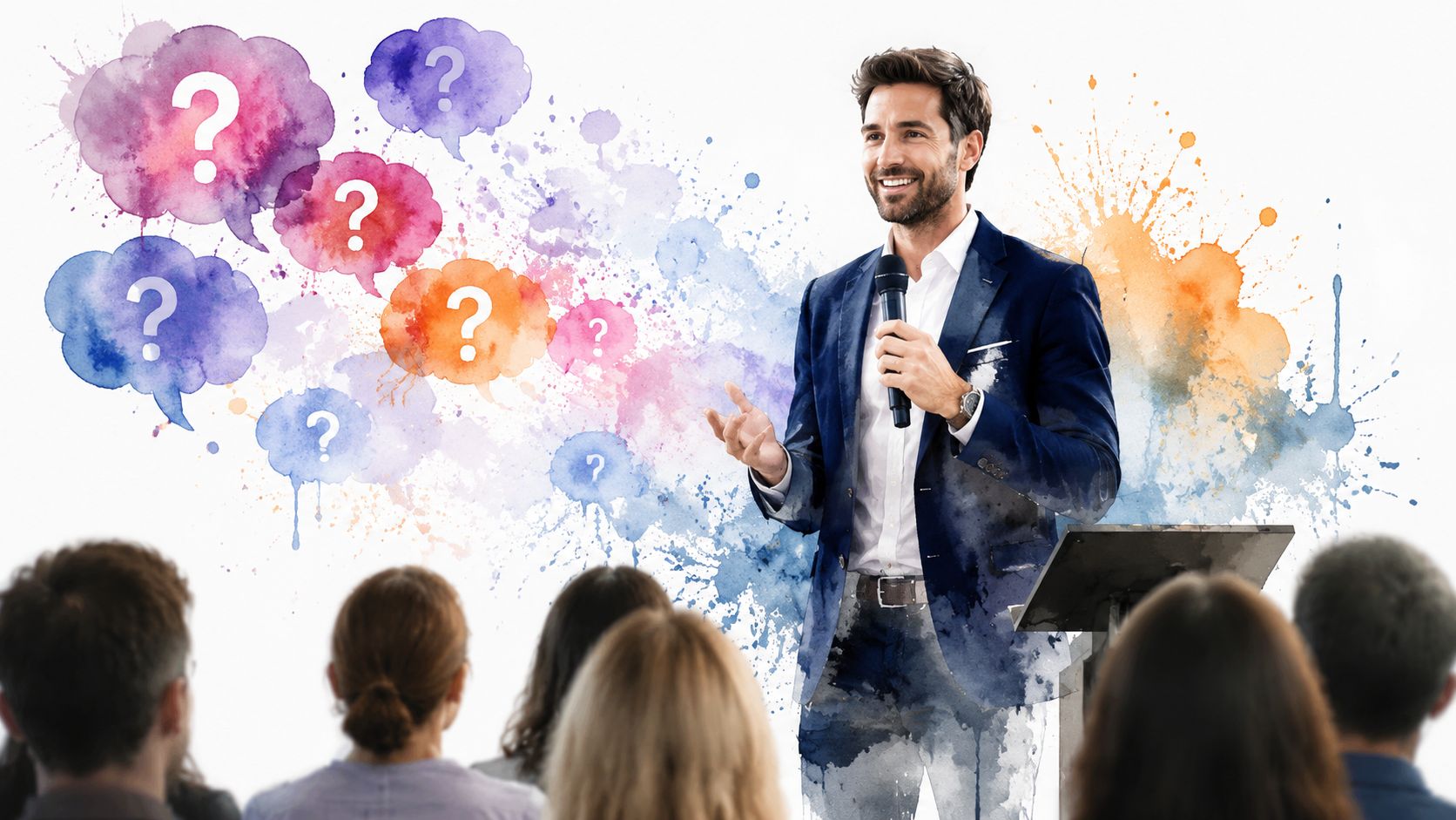 A professional presenter speaking at a podium in front of an audience with colorful question mark graphics.