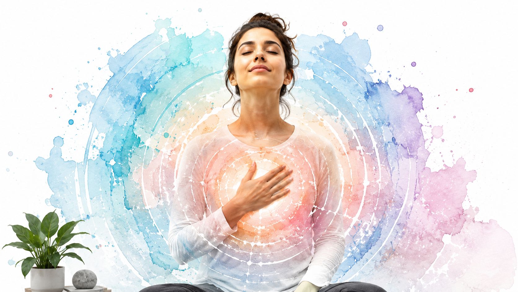 A young woman practicing mindful meditation with a glowing heart center surrounded by colorful watercolor artistic elements.