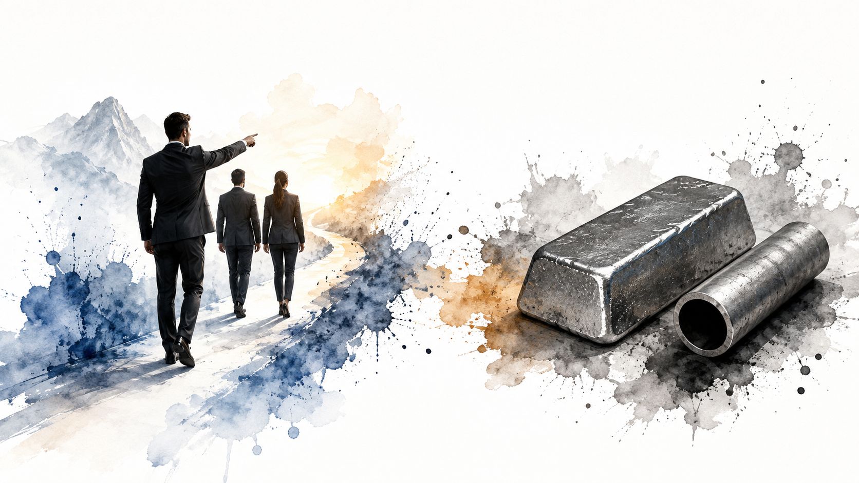 Three business professionals walking toward a bright horizon next to large metal bars and industrial materials.