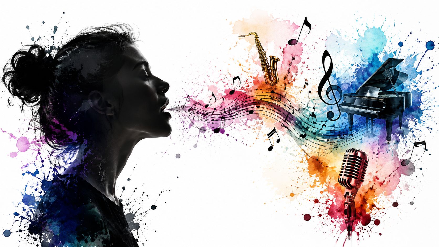 A silhouette of a woman singing with colorful musical notes and instruments emerging from her mouth.