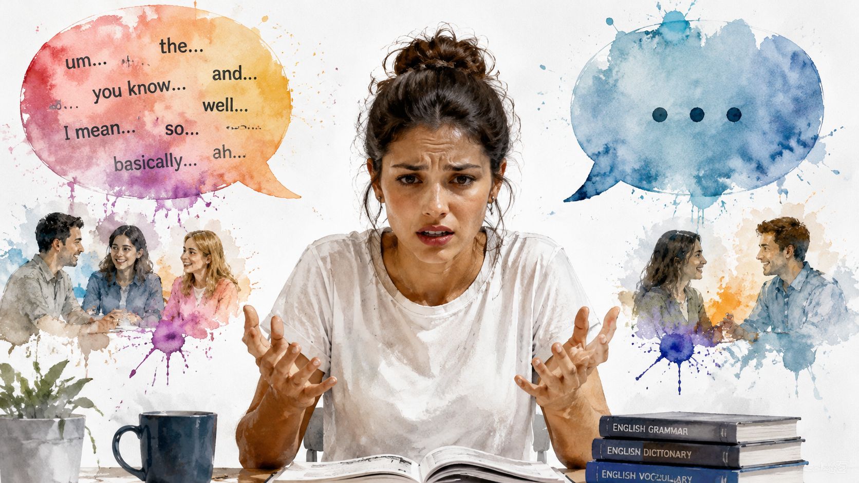 A woman looks frustrated while studying, surrounded by speech bubbles representing a struggle to speak English fluently.