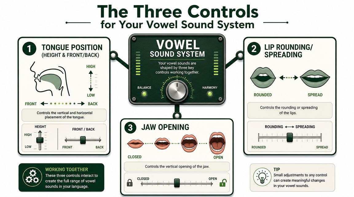 A diagram explaining the three controls for human vowel pronunciation: tongue position, lip shape, and jaw opening.