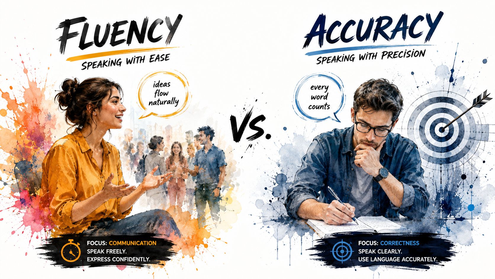 A comparison image showing a woman representing fluency in speaking and a man representing accuracy in writing.