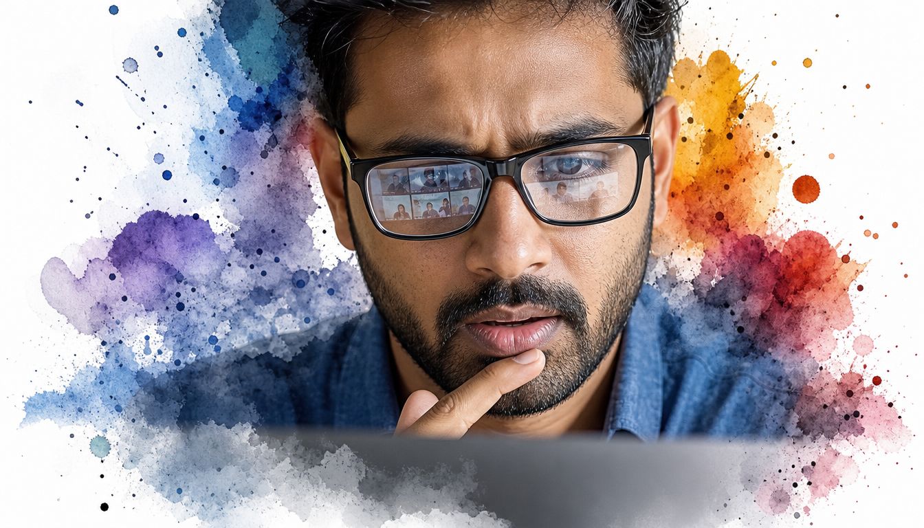 A focused man wearing glasses reflecting a video conference call, surrounded by vibrant artistic watercolor splashes.